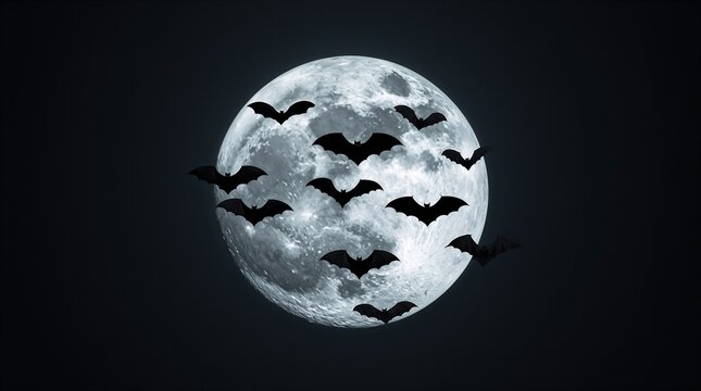 Bats flying silhouettes against glowing full moon on dark night sky halloween concept background