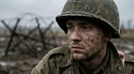 Obraz premium Gritty close-up of a mud-covered soldier in a helmet, looking weary with barbed wire in the background. A depiction of the harsh realities of war and conflict.