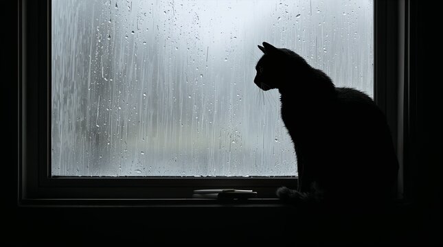 Cat silhouette watching rain through wet window glass melancholy concept