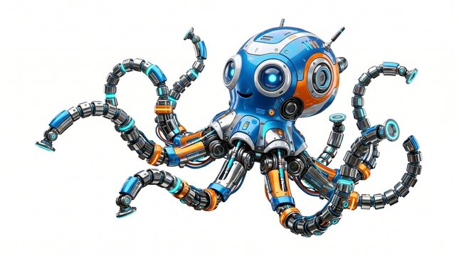Robotic Octopus with Flexible Tentacles in Futuristic Setting