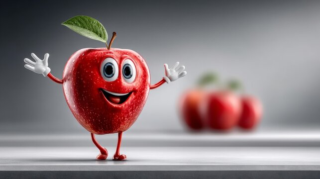 Cartoon-style apple character stands cheerfully in a simple setting with more apples present