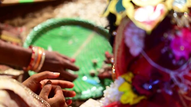 Bride and Groom Hands During Traditional Hindu Wedding Ceremony Performing Sacred Marriage Rituals in India. Ideal for wedding, relationship, religion, family, celebration, and Indian cultural themes.