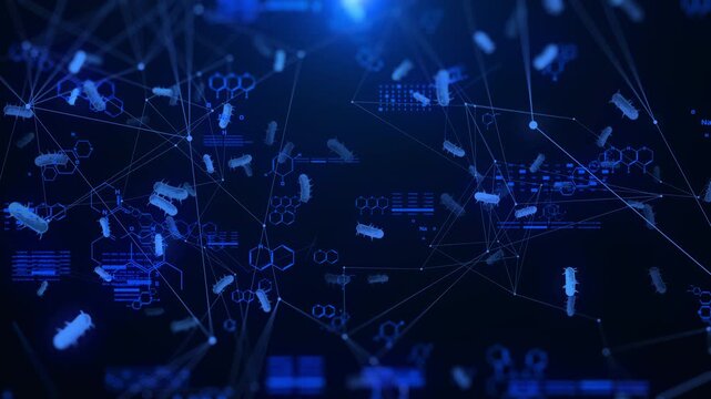 Technology Futuristic 3D Virus Bacteria Cells Chemical Structure Data Connection Background. Geometric Line Dot Floating Random Position Movement 4K Motion.