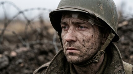 Fototapeta premium Gritty close-up of a mud-covered soldier in a helmet, looking weary with barbed wire in the background. A depiction of the harsh realities of war and conflict.