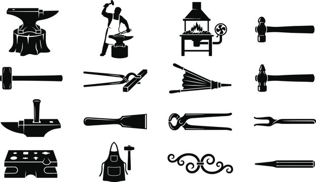 Blacksmithing silhouettes with anvil, forge, hammers, tongs, chisels, apron, wrought iron scrolls, punch tools and traditional metalworking equipment