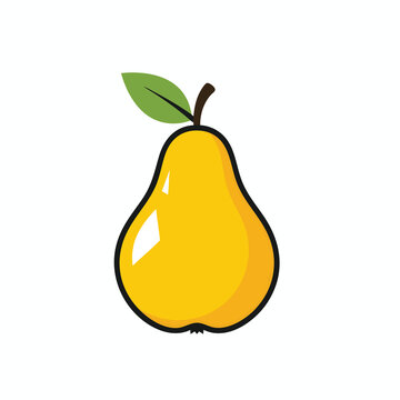 A Vibrant Yellow Pear with a Green Leaf and Stem.