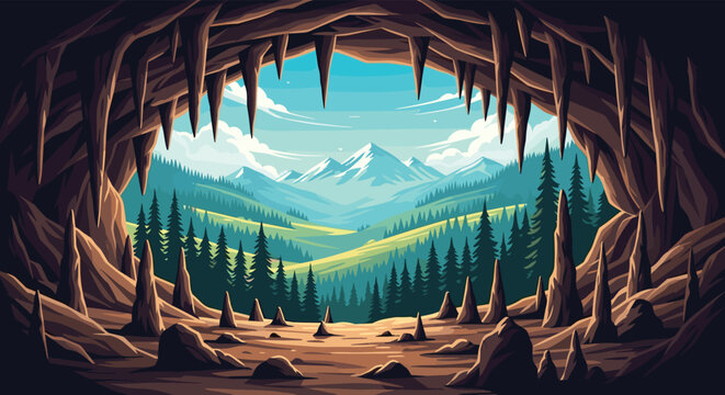 Breathtaking view from inside a dark cave looking out at a sunny mountain landscape with pine trees and green valleys.