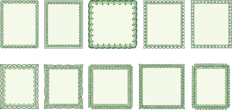 Collection of ten decorative green border on light green background, frame pattern