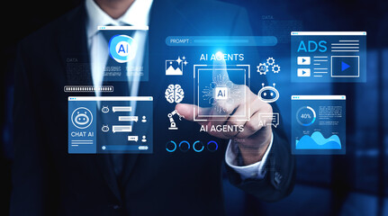 Obraz premium Businessman Interacting with Futuristic AI Interface, Showcasing Innovative Technology and Digital Data Management Solutions for Modern Enterprises. Entropy.