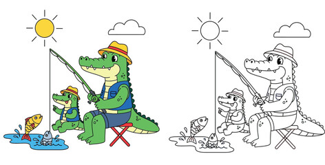Naklejka premium Father and Son Alligators Fishing - Cute Cartoon Family Outdoor Fun