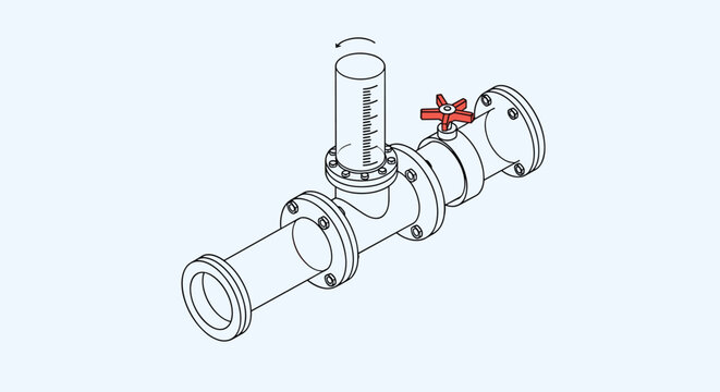Technical drawing of an industrial pipe system including a flow meter, flanges, and a red manual control valve on a blue background.