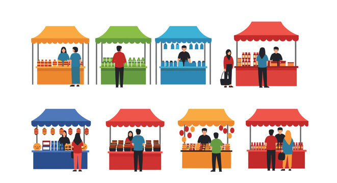 Bustling outdoor market scene with multiple colorful food stalls, vendors, and customers shopping for various goods in a flat vector design.