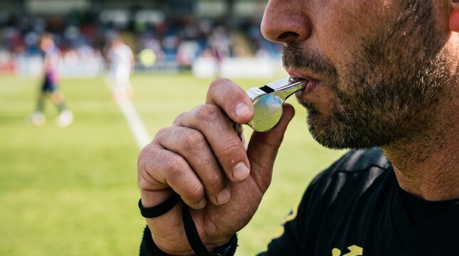 Close up of male soccer referee blowing whistle during football match on green grass stadium pitch