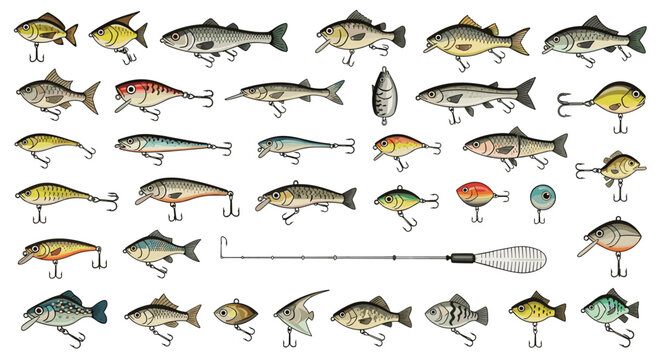Comprehensive collection of various fishing lures and baits shaped like different fish species with metal hooks for hobbyist angler equipment.