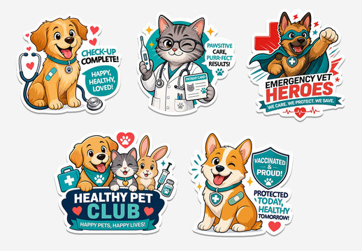 Veterinary Clinic Mascot Stickers Set