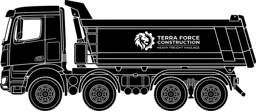 Heavy Tipper Dump Truck Silhouette - Construction Cargo Vehicle Multi Axle Dumper and Civil Engineering Logistics Vector Logo Design Template