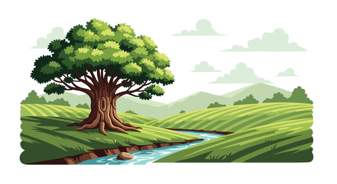 Large old oak tree standing in a lush green valley with a small winding river flowing through the rolling hills.