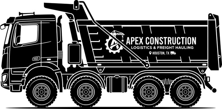 Heavy Tipper Dump Truck Silhouette - Construction Cargo Vehicle Multi Axle Dumper and Civil Engineering Logistics Vector Logo Design Template