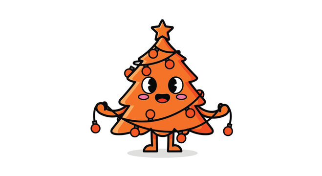 Cute cartoon orange christmas tree with string lights and star on holding lights character