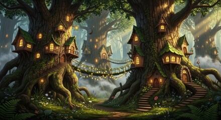 Fototapeta premium Whimsical treehouses in mystical forest landscape.