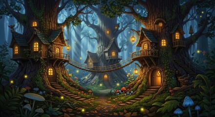 Fototapeta premium Whimsical treehouse village in forest.