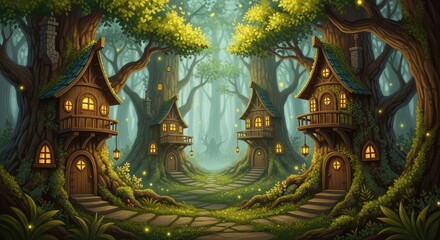 Fototapeta premium Whimsical treehouses in mystical forest scene.