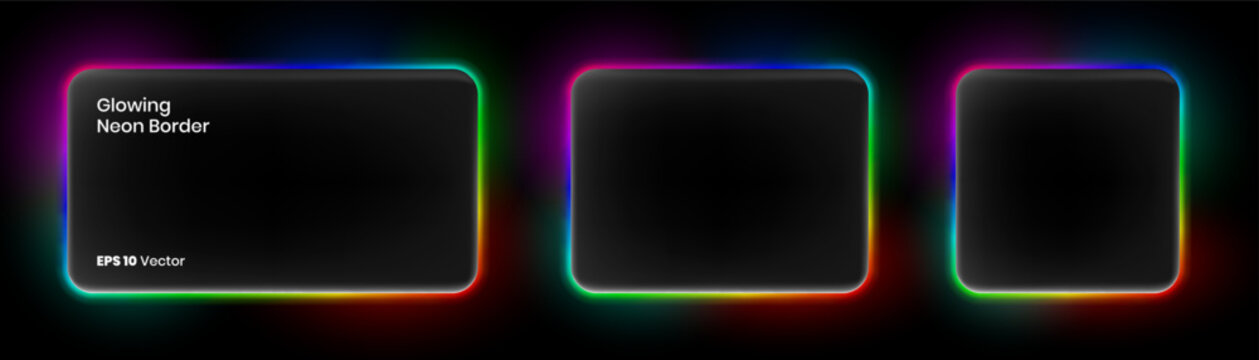 Set of rectangular neon liquid glass frames of different sizes with glowing  effects and illumination on a dark background. Abstract cosmic vibrant color backdrop. Elements for futuristic design.
