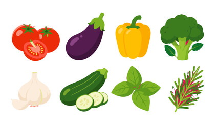 Set of colorful vegetable and herb vector illustrations