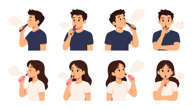 Set of young people using electronic cigarettes in flat style
