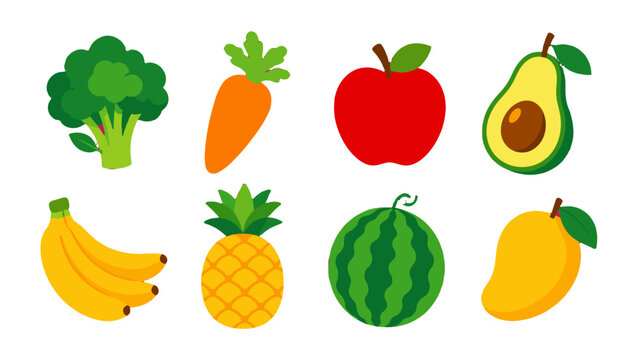 Colorful fruit and vegetable icon set in flat vector style