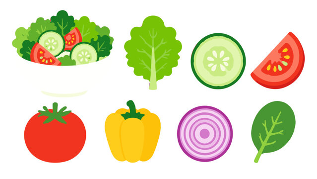 Fresh salad vegetables vector icon set with bowl and slices
