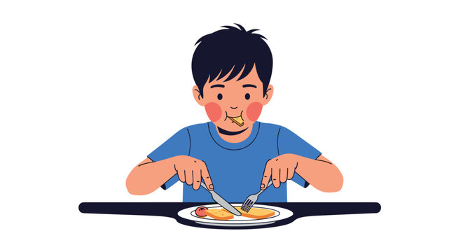 Young boy sits at a table and eats a healthy breakfast with a knife and fork, showing good manners and a happy expression.