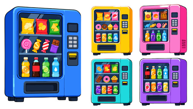 Colorful snack and drink vending machines cartoon set