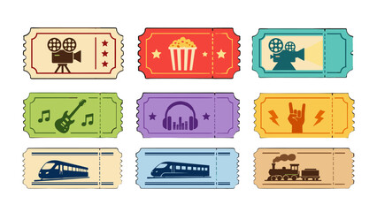 Colorful vintage tickets with entertainment and transport icons © Andrei