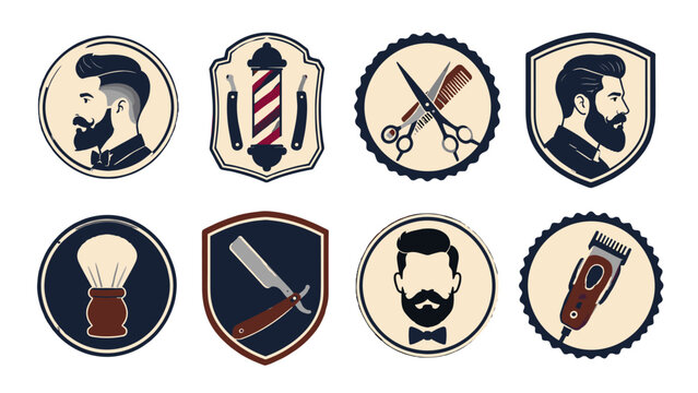 Vintage barbershop badge set with beard and grooming tools