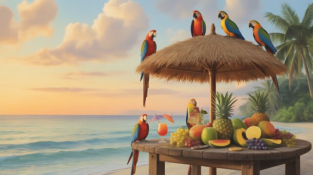 Colorful macaws perched on a thatched umbrella with tropical fruit and drinks on a beach at sunset