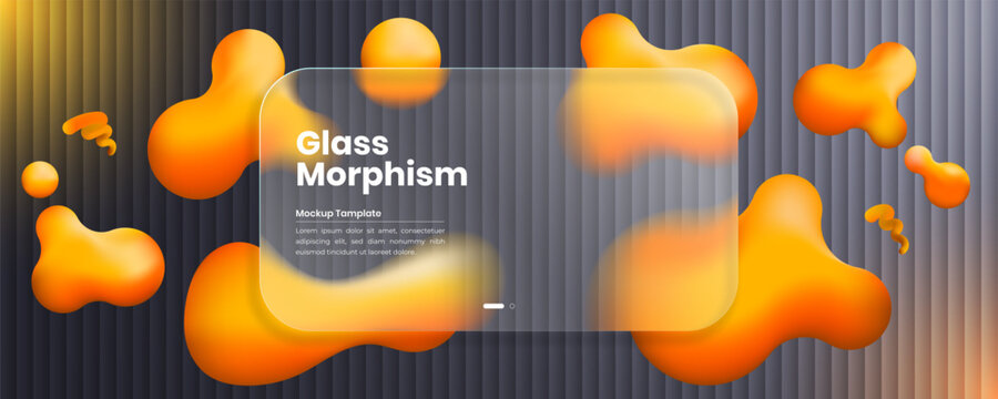 Glass morphism frame with soft liquid orange gradient blobs on abstract glass ripple gray background. User interface elements for web and mobile application vector illustration.
