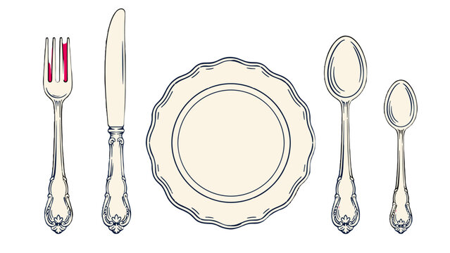 Vintage table setting with plate and silverware illustration