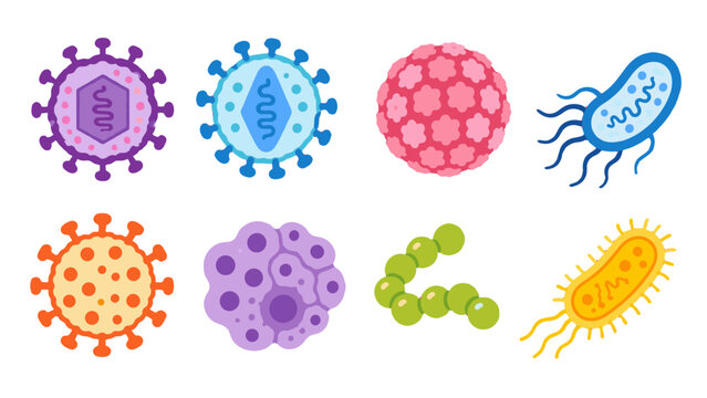 Colorful cartoon microbe and virus icon set on white