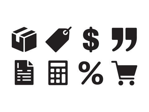 Collection of business and shopping icons including box tag dollar sign quotation marks document calculator percent sign and shopping cart on white background