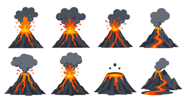 Set of erupting volcano icons with lava and smoke clouds