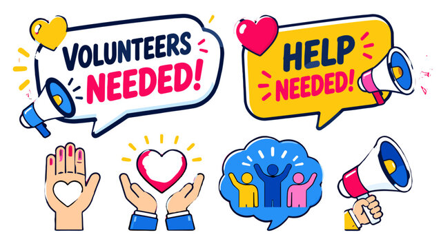 Volunteer and help needed speech bubbles with megaphones