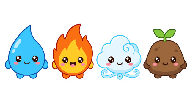 Cute cartoon elemental characters set with water fire air and earth