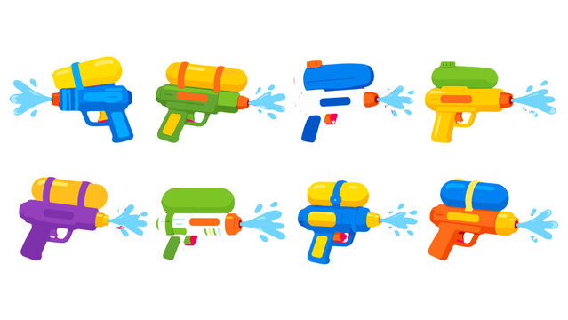 Set of colorful water gun toy blasters spraying water