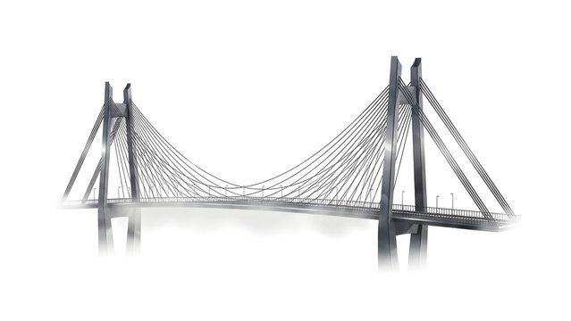Digital illustration of a modern cable-stayed bridge featuring twin pylons and suspension cables, isolated on a white background with a misty fog effect along the lower deck area.