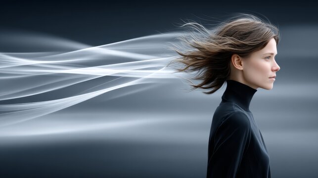 Woman with flowing hair stands against a dark background with movement and energy around her