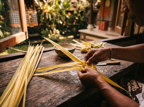Authentic Hands Weaving Traditional Ketupat Rice Dumplings from Yellow Coconut Leaves in Indonesia