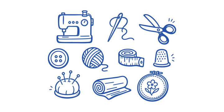 Hand-drawn sewing tailoring equipment and craft sketch icon set vector illustration on white background