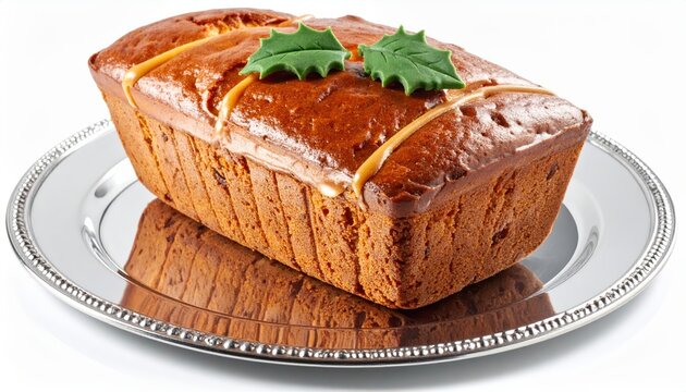 A delicious loaf fruitcake with glossy icing and sugar paste holly decorations, presented on a silver platter