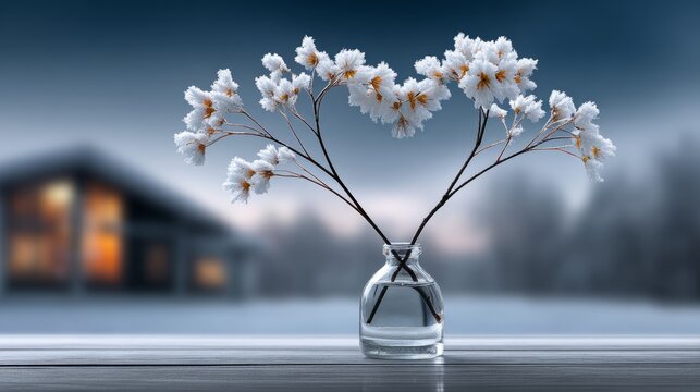 Flowers in vase on table in cozy setting with a warm house in background at winter